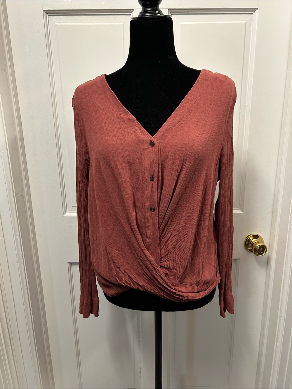 Ana medium long sleeve women blouse pink red button work casual light v neck